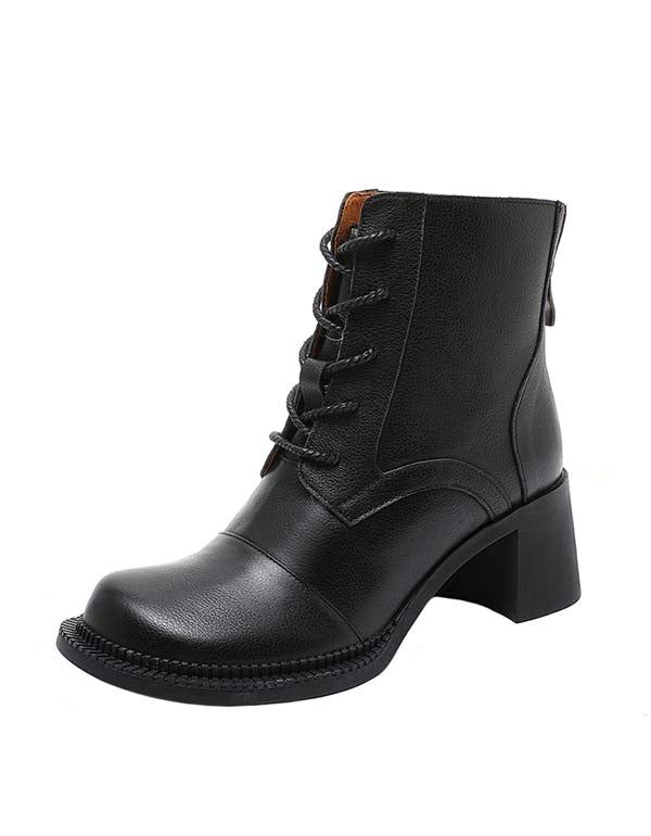 Bottines À Talons Épais En Cuir Véritable À Lacets