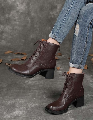 Bottines À Talons Épais En Cuir Véritable À Lacets