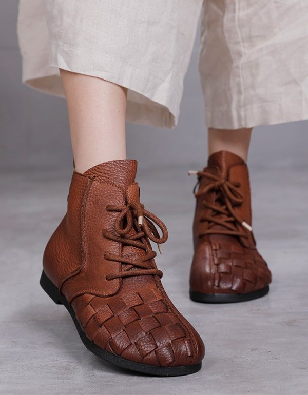 Bottines Tissées En Cuir Rétro Faites À La Main Automne Hiver