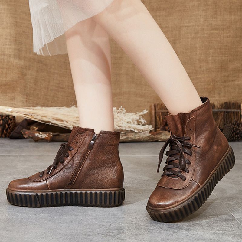 Cadeau Chaussures Automne Hiver En Cuir Rétro À La Main Bottes Pour Femmes