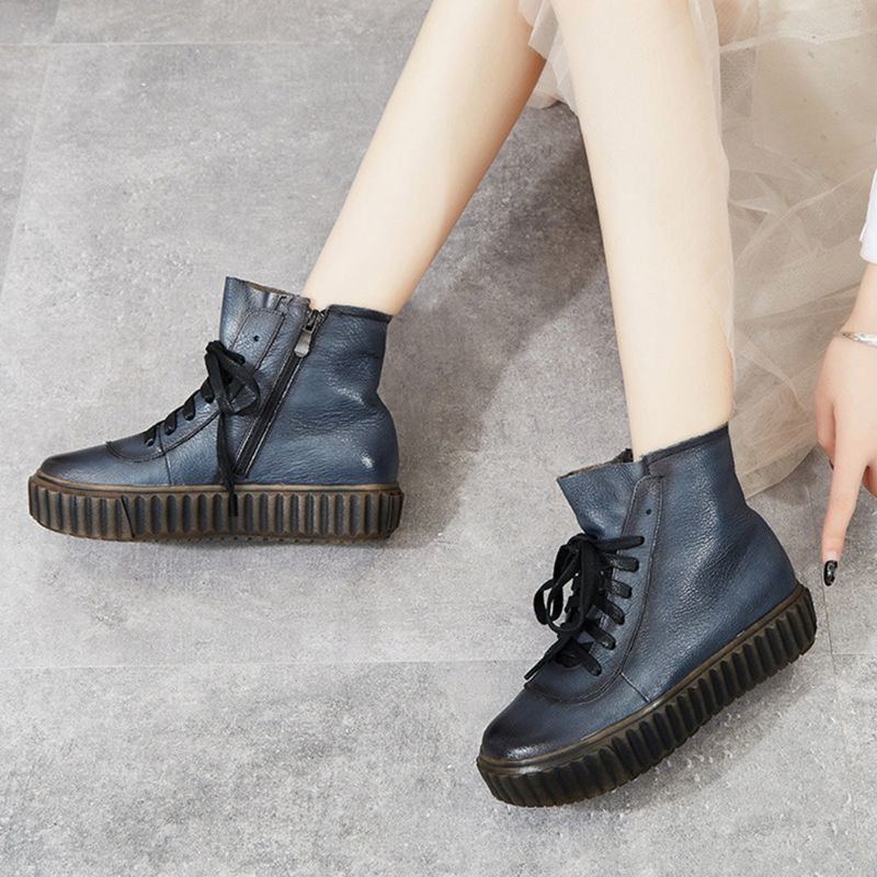 Cadeau Chaussures Automne Hiver En Cuir Rétro À La Main Bottes Pour Femmes