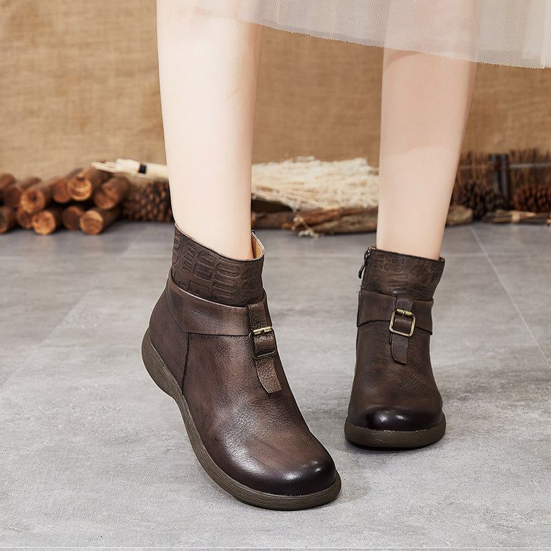 Cadeau Chaussures Automne Hiver Rétro En Cuir À La Main Boucle Bottes Femmes