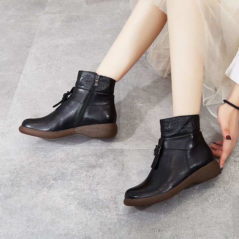 Cadeau Chaussures Automne Hiver Rétro En Cuir À La Main Boucle Bottes Femmes