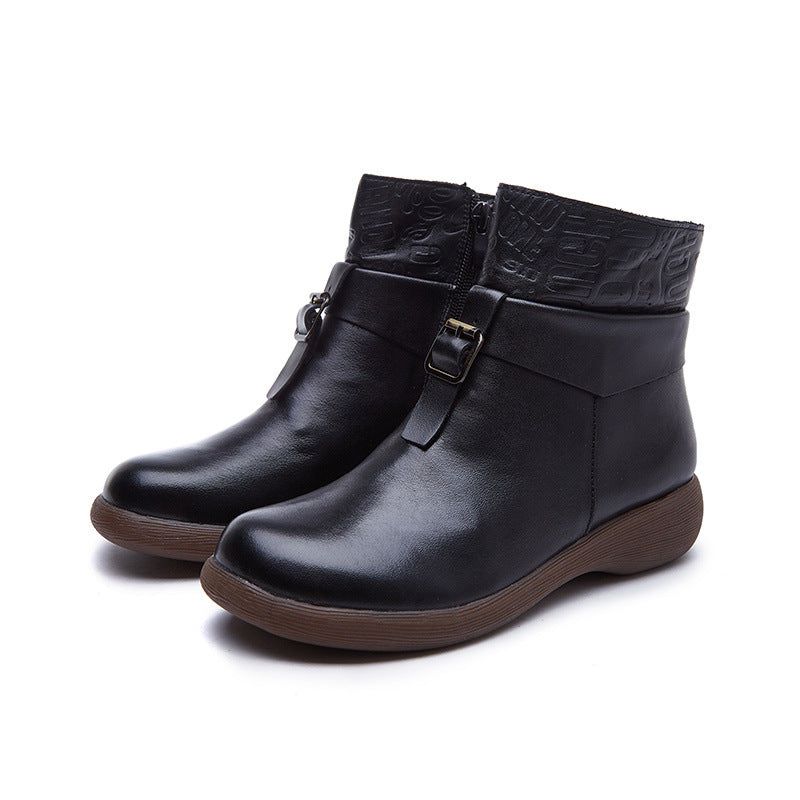 Cadeau Chaussures Automne Hiver Rétro En Cuir À La Main Boucle Bottes Femmes