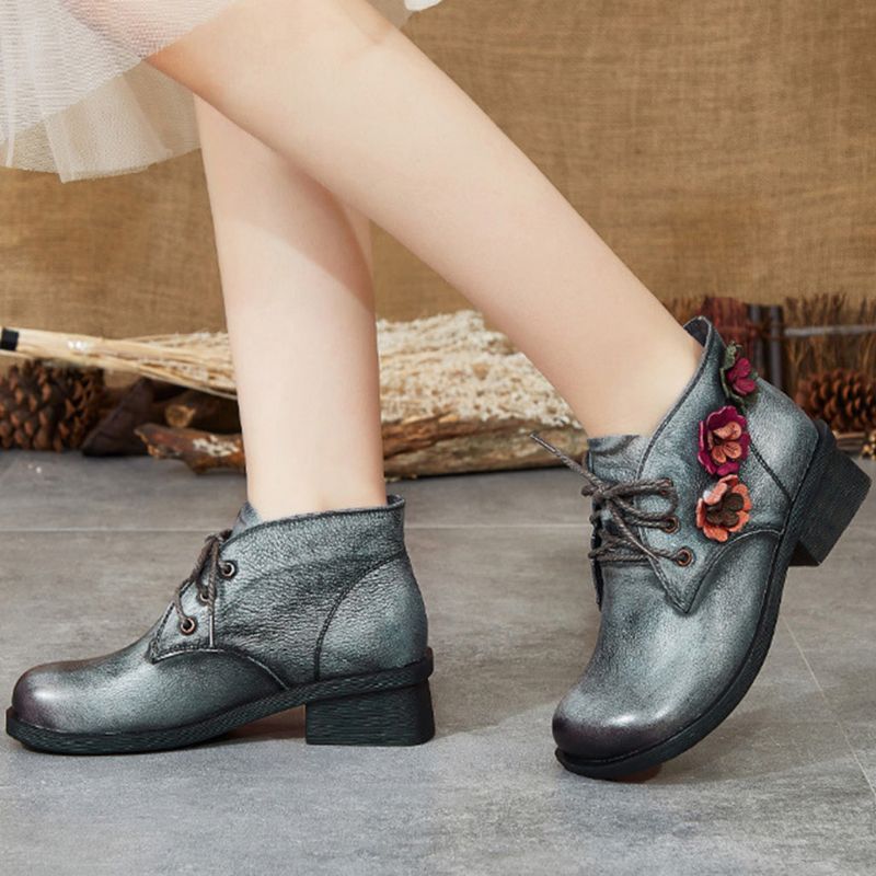 Chaussures Cadeaux Automne Hiver Rétro Tête Ronde Bottes Courtes Épaisses Pour Femmes