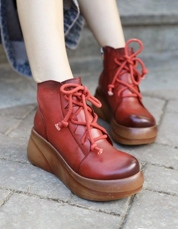 Nouvelles Bottes À Plateforme En Cuir Rétro À Lacets D'automne