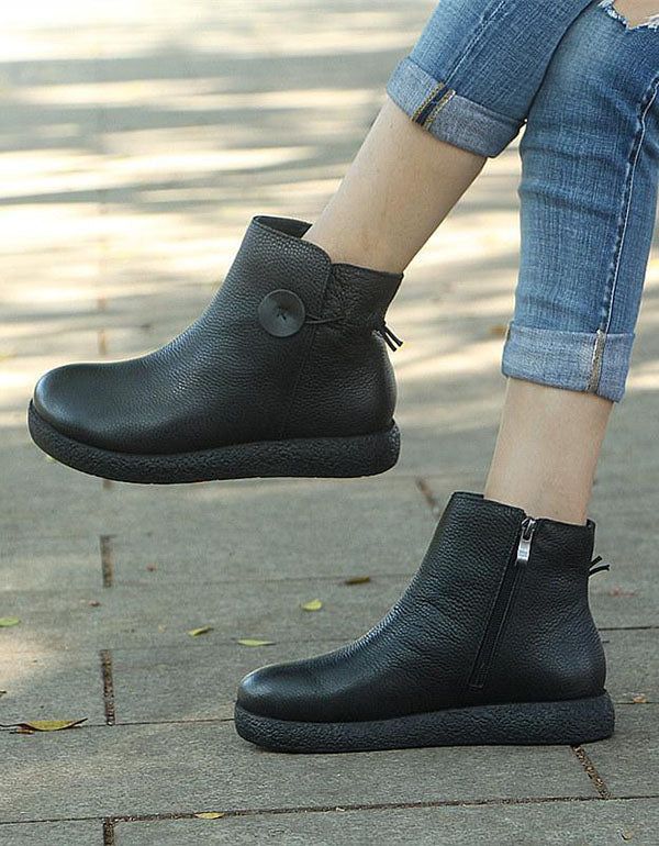 Vente Bottes D'hiver Confortables En Cuir Rétro Noir