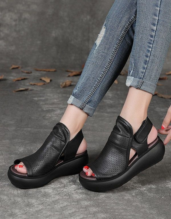 Sandales Compensées Creuses Rétro Pour Femmes Slingback