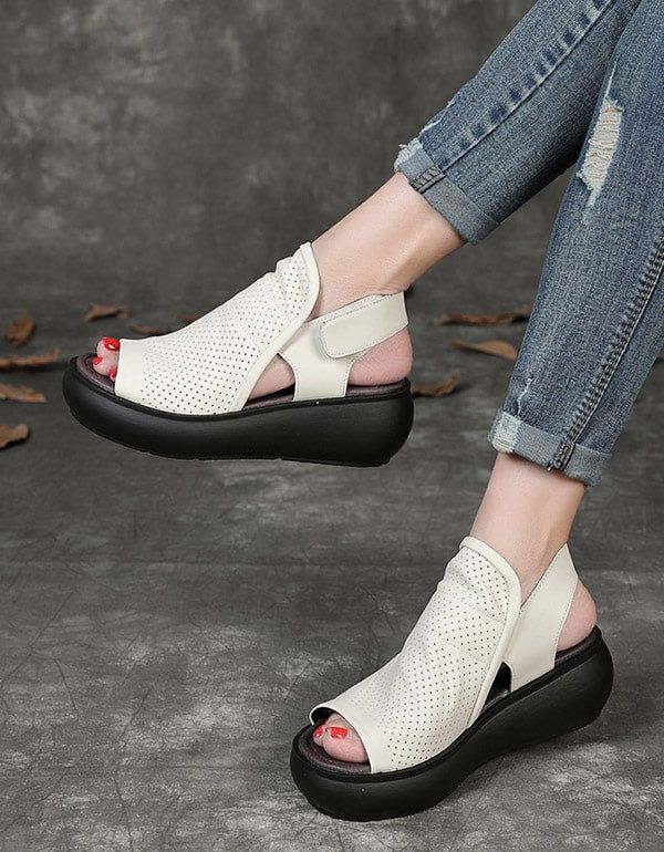 Sandales Compensées Creuses Rétro Pour Femmes Slingback