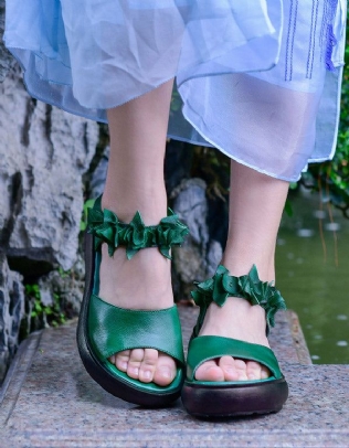 Sandales Vertes À Bout De Poisson En Cuir Véritable