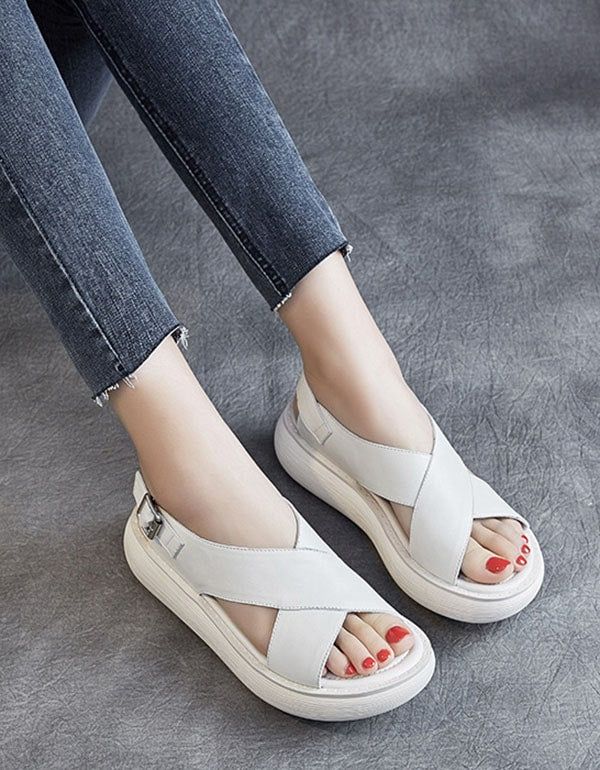 Summer Cross Strap Slingback Wedge Sandals Blanc