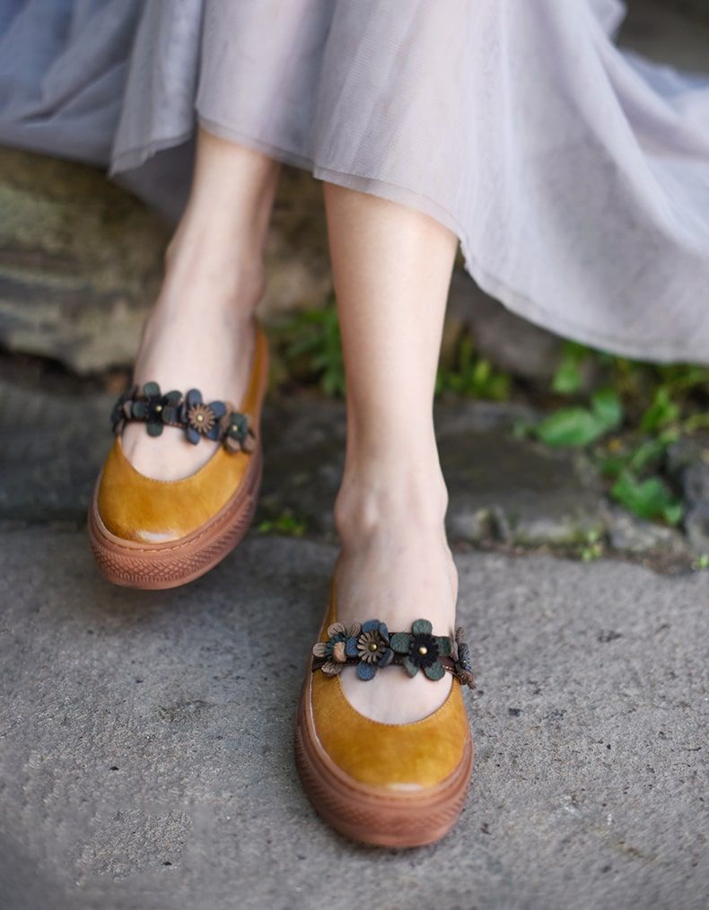 Pantoufles D'été Rétro En Cuir Fleur Vert