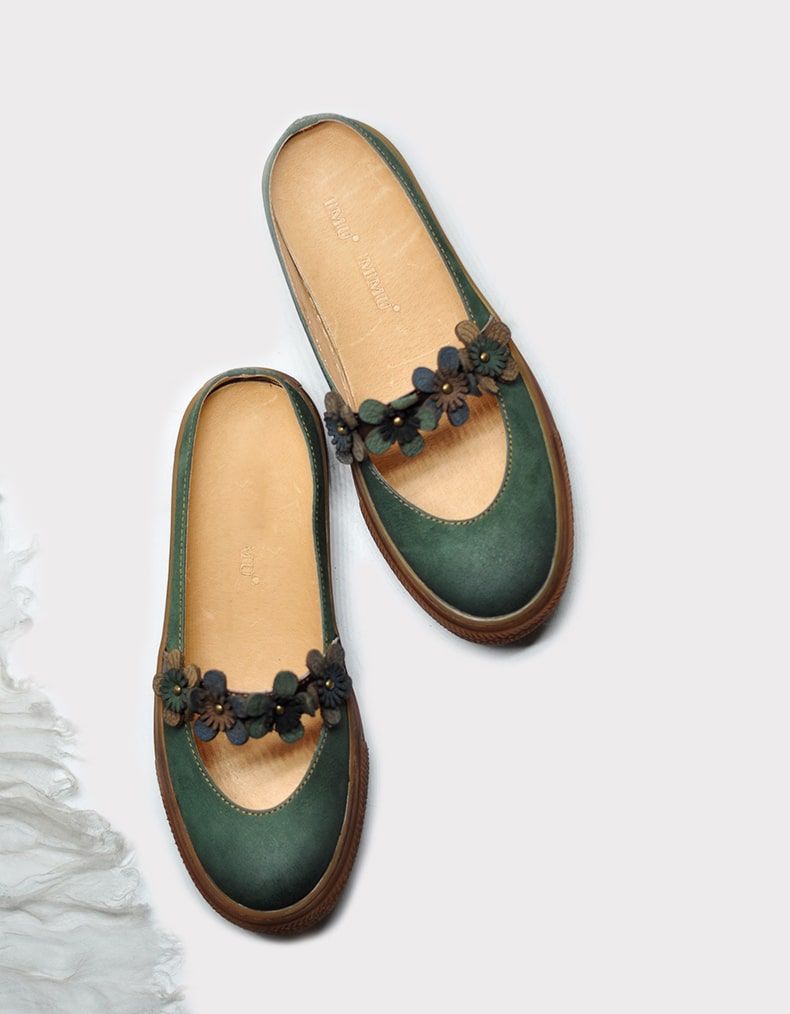 Pantoufles D'été Rétro En Cuir Fleur Vert