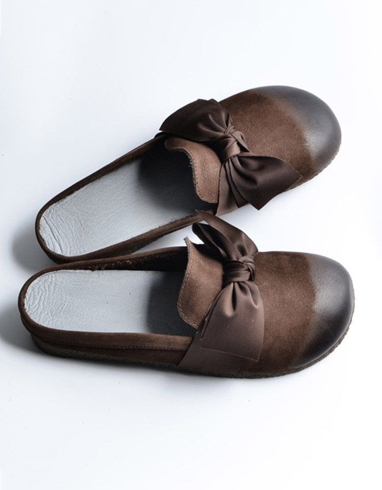 Pantoufles À Fond Souple En Cuir Rétro Bowknot